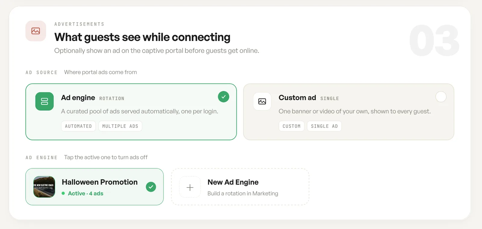 Ads on the portal settings in the HaloWiFi dashboard