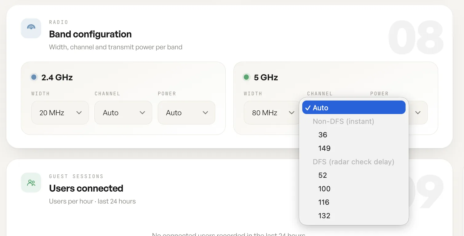Band configuration settings in the HaloWiFi dashboard