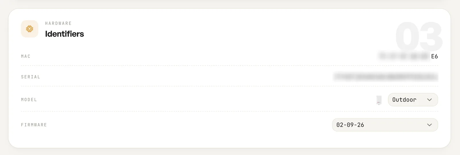Firmware and identifiers settings in the HaloWiFi dashboard