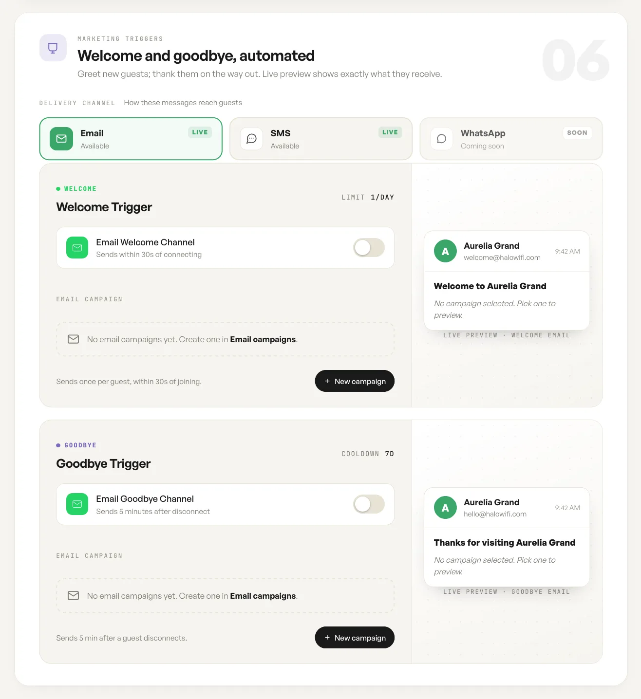 Marketing triggers settings in the HaloWiFi dashboard